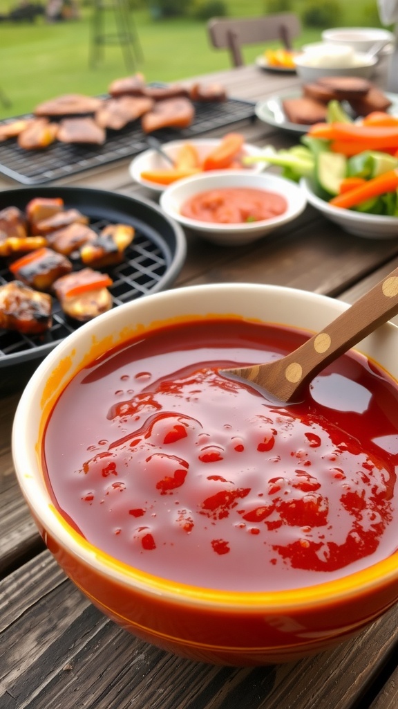 A bowl of shiny homemade barbecue sauce with a spoon, alongside grilled meats on a barbecue grill.